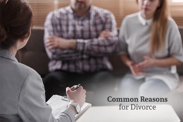 A couple talking to a lawyer or a counselor with the words, common reasons for divorce.