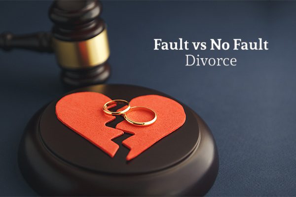 A broken heart resting on a gavel stand with two wedding rings on it, beside a gavel, under the words fault vs no fault divorce
