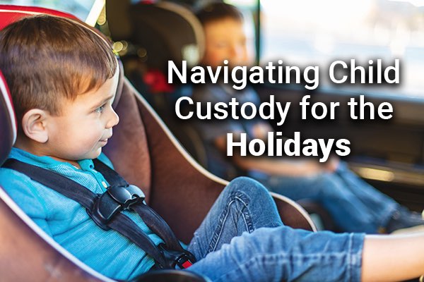 Children are in the backseat with the words, navigating child custody for the holidays.