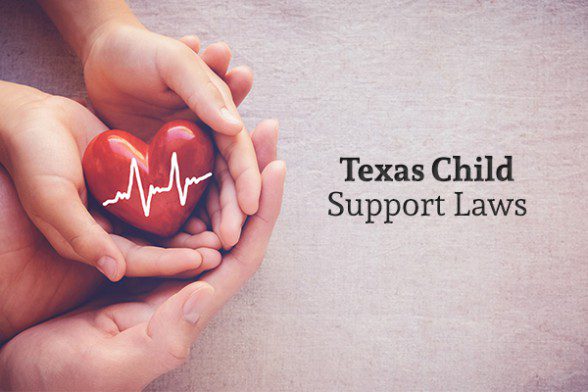 A parent and a child together hold a heart with an EKG heart rhythm symbol drawn on beside the words "Texas Child Support Laws"